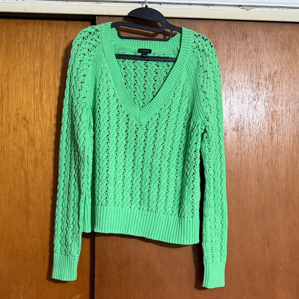 Talbots Bright Lime Open-Knit V-Neck Sweater